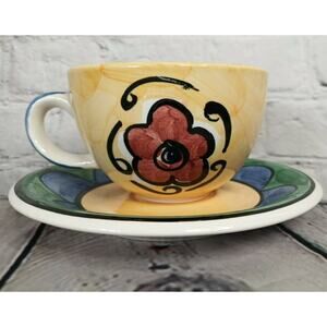 Alegria Living Art Cup & Saucer Set of 4 – Vintage Floral – Green Blue Border